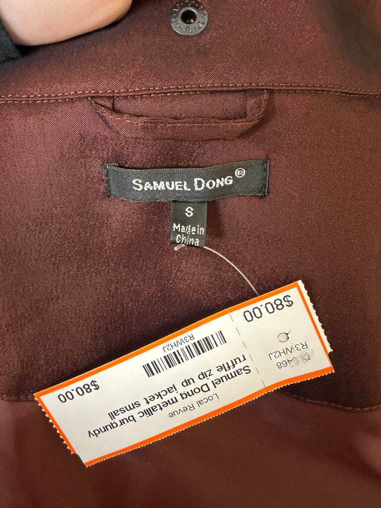 Samuel Dong metallic burgundy ruffle zip up jacket
