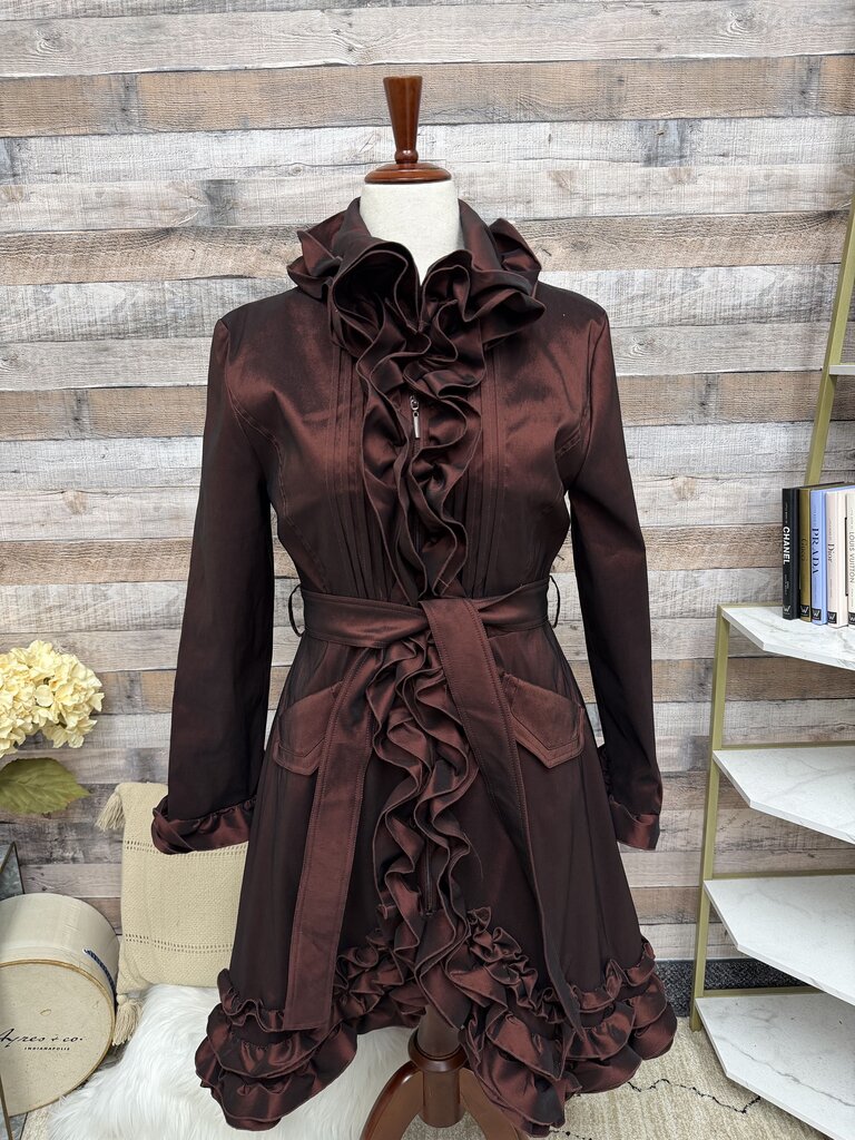 Samuel Dong metallic burgundy ruffle zip up jacket