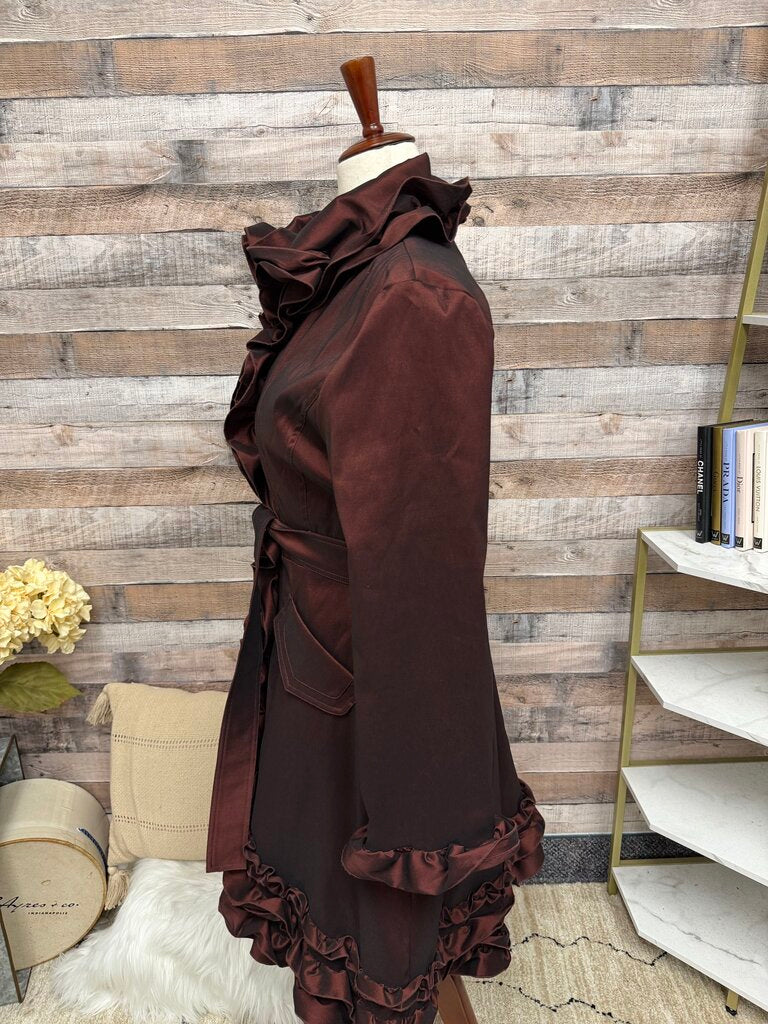 Samuel Dong metallic burgundy ruffle zip up jacket