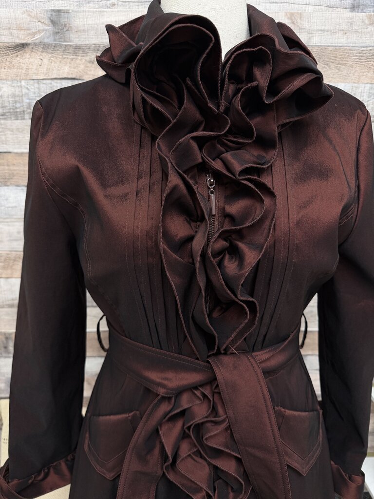 Samuel Dong metallic burgundy ruffle zip up jacket