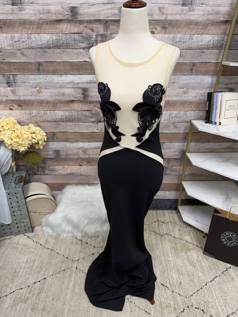Symphony Black Evening Gown with mesh top and lace trim