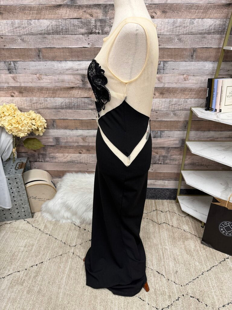 Symphony Black Evening Gown with mesh top and lace trim