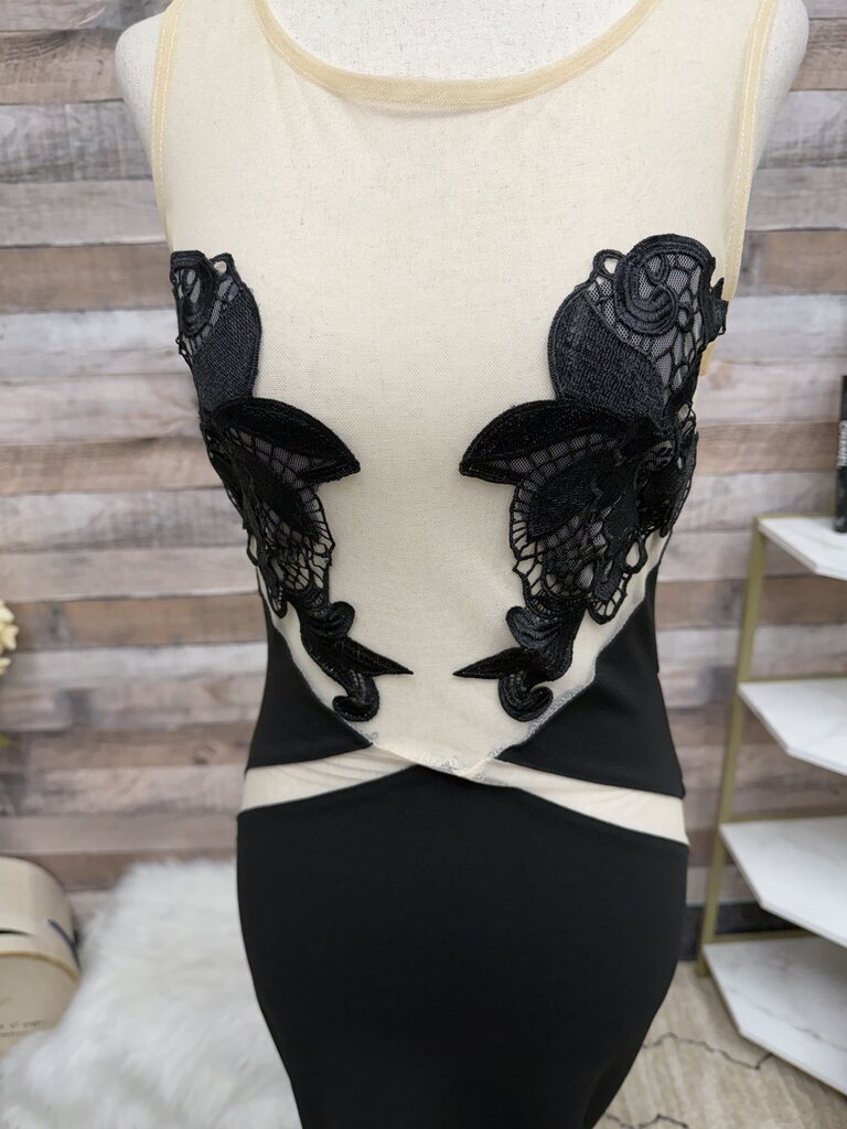 Symphony Black Evening Gown with mesh top and lace trim