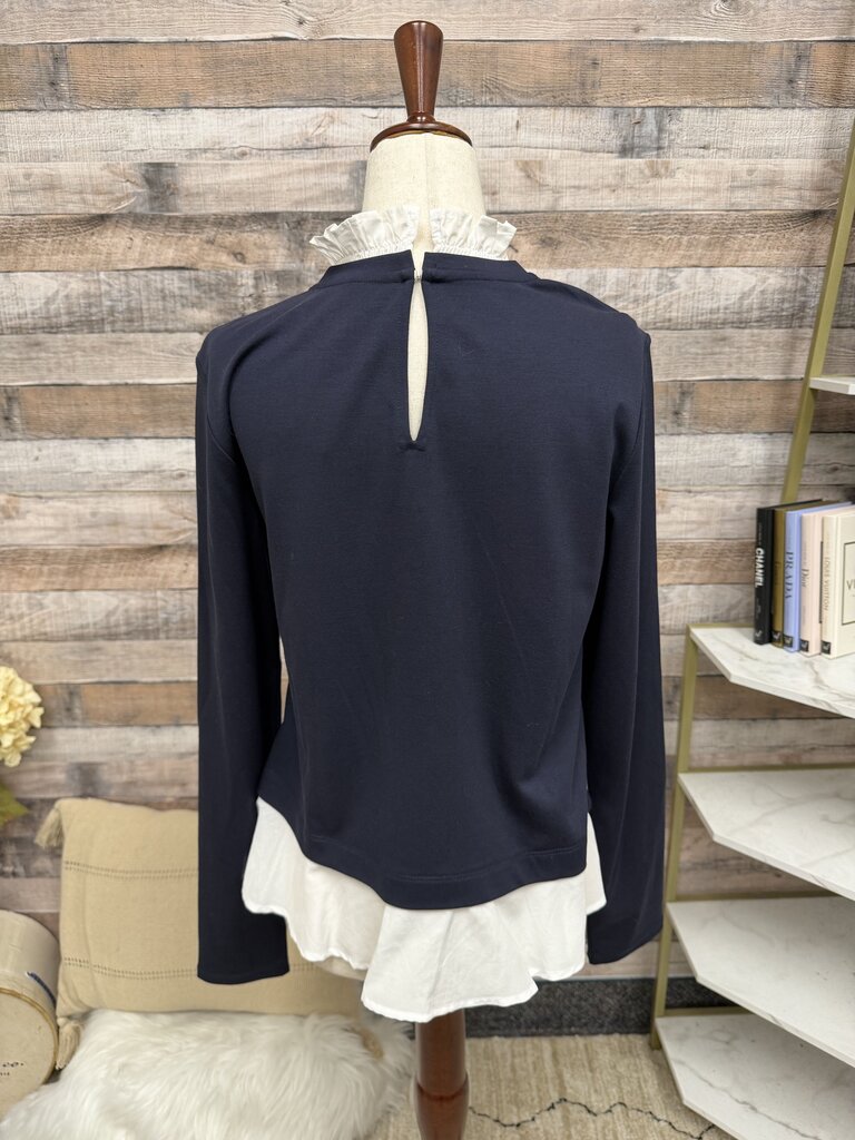 Ann Taylor navy pull over top with ruffle detail