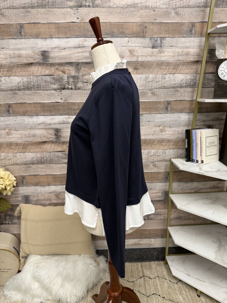 Ann Taylor navy pull over top with ruffle detail