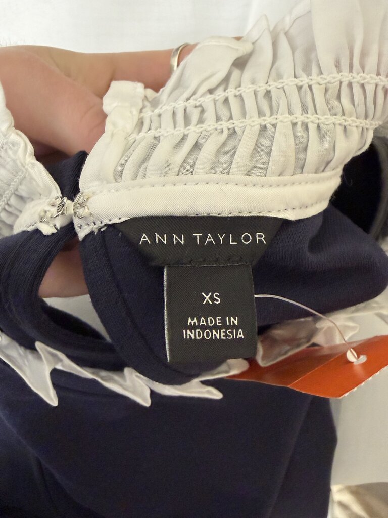 Ann Taylor navy pull over top with ruffle detail