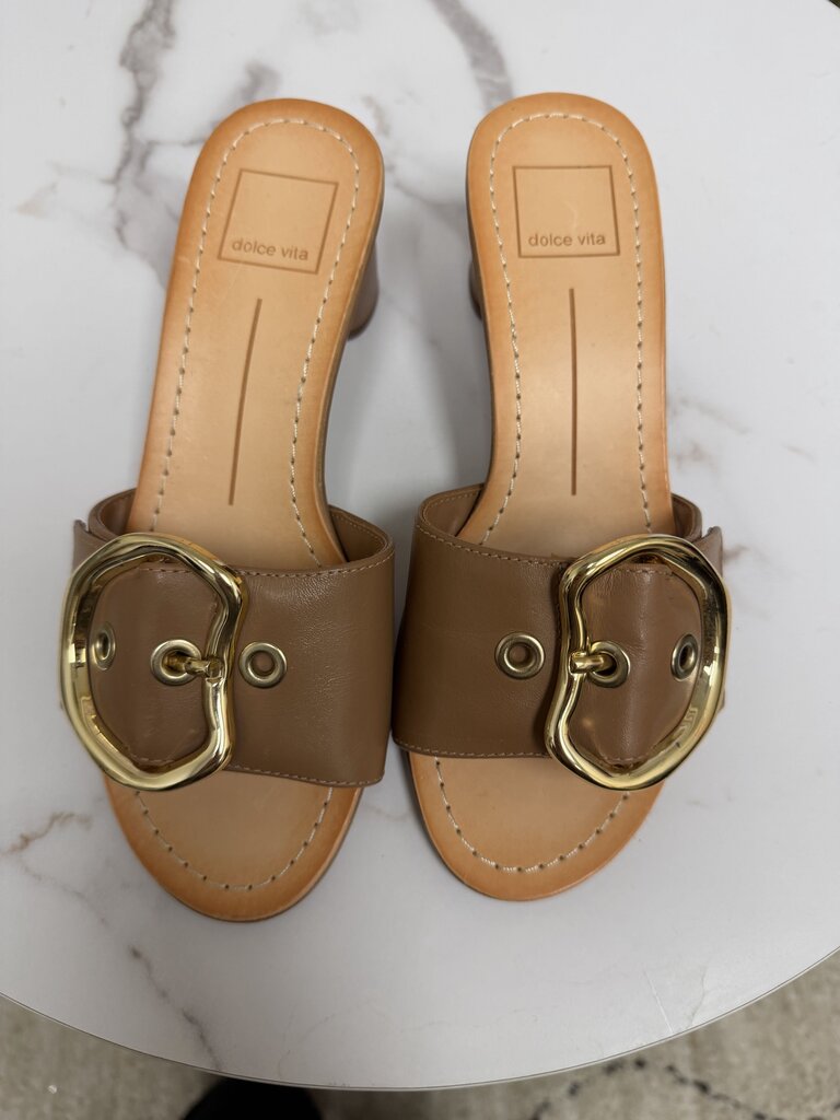 Dolce Vita brown leather slide with gold buckle detail