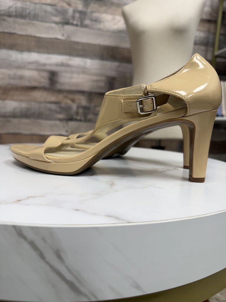 Etienne Aigner taupe patent leather ankle strap heel