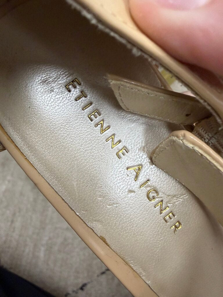 Etienne Aigner taupe patent leather ankle strap heel