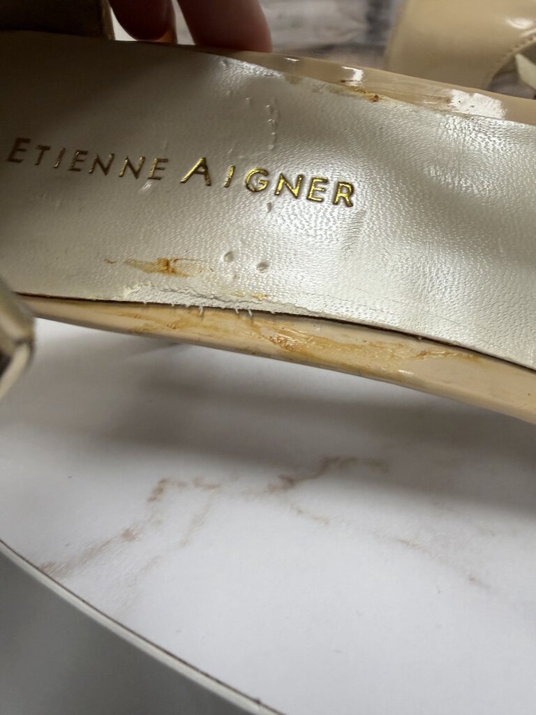 Etienne Aigner taupe patent leather ankle strap heel