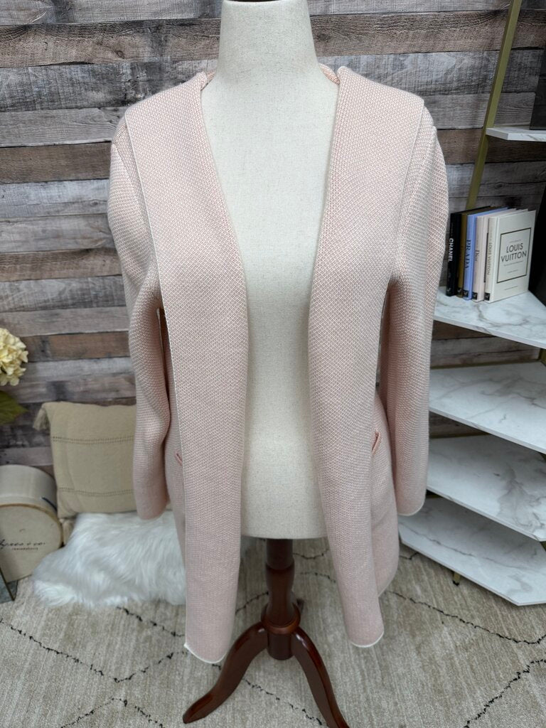 no label pink with white trim open front sweater with pockets and hood