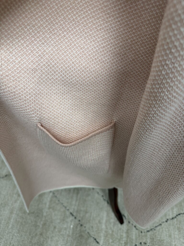 no label pink with white trim open front sweater with pockets and hood