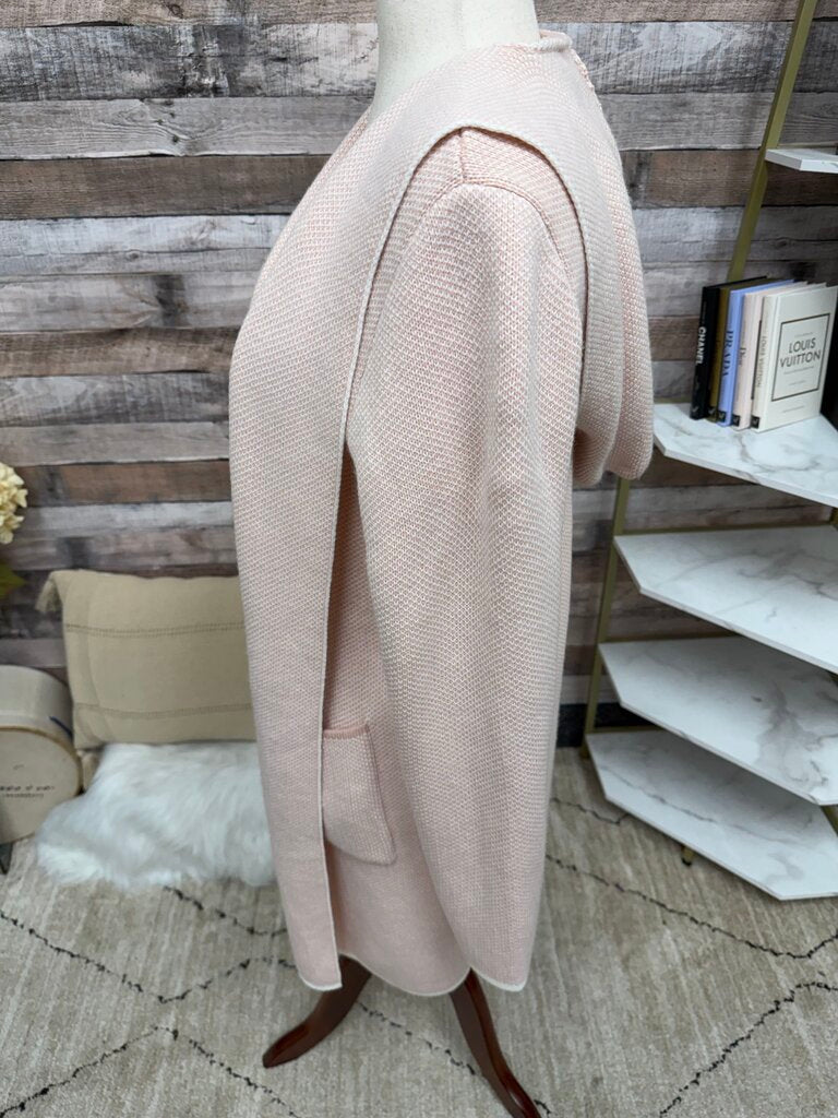 no label pink with white trim open front sweater with pockets and hood