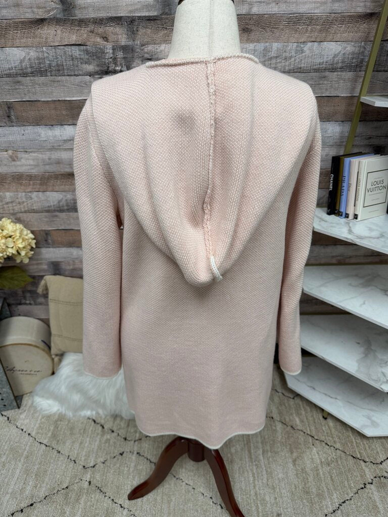 no label pink with white trim open front sweater with pockets and hood