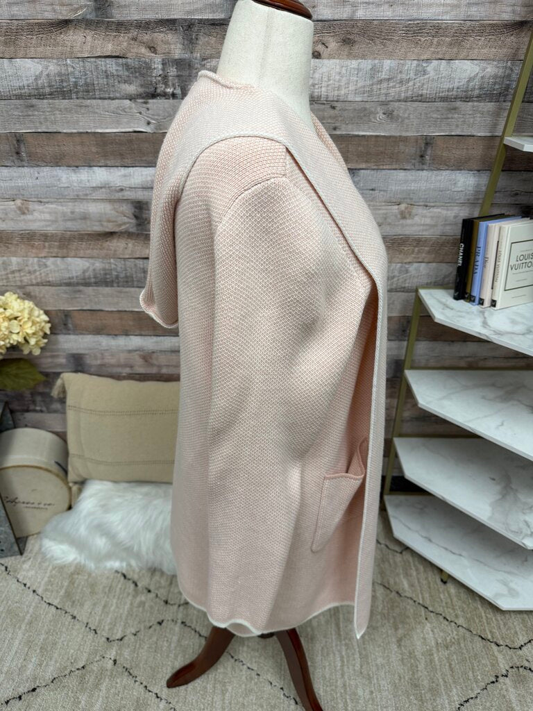no label pink with white trim open front sweater with pockets and hood