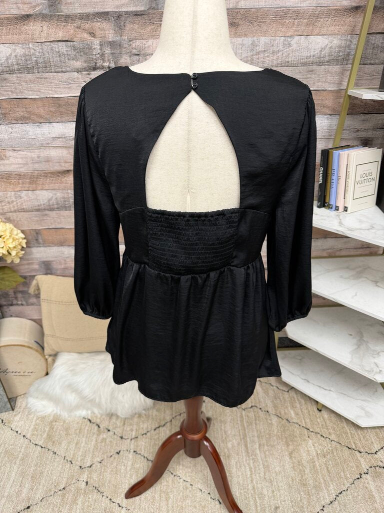 Isabel black satin back cutout peplum top