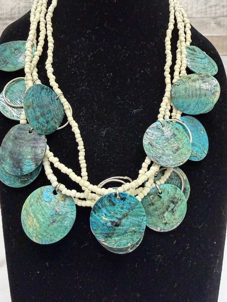 no label blue shell with white bead necklace no label blue OS women ACCESSORIES