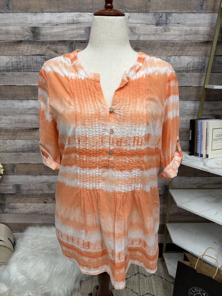 J Jill Orange & White Tie-Dye 3/4 Sleeve Button Top