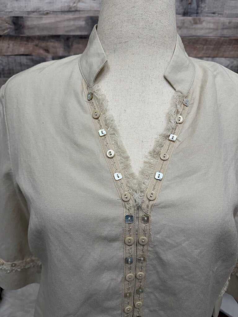 Tribal Cream/Tan V-neck 3/4 sleeve /w Button & Fringe Design