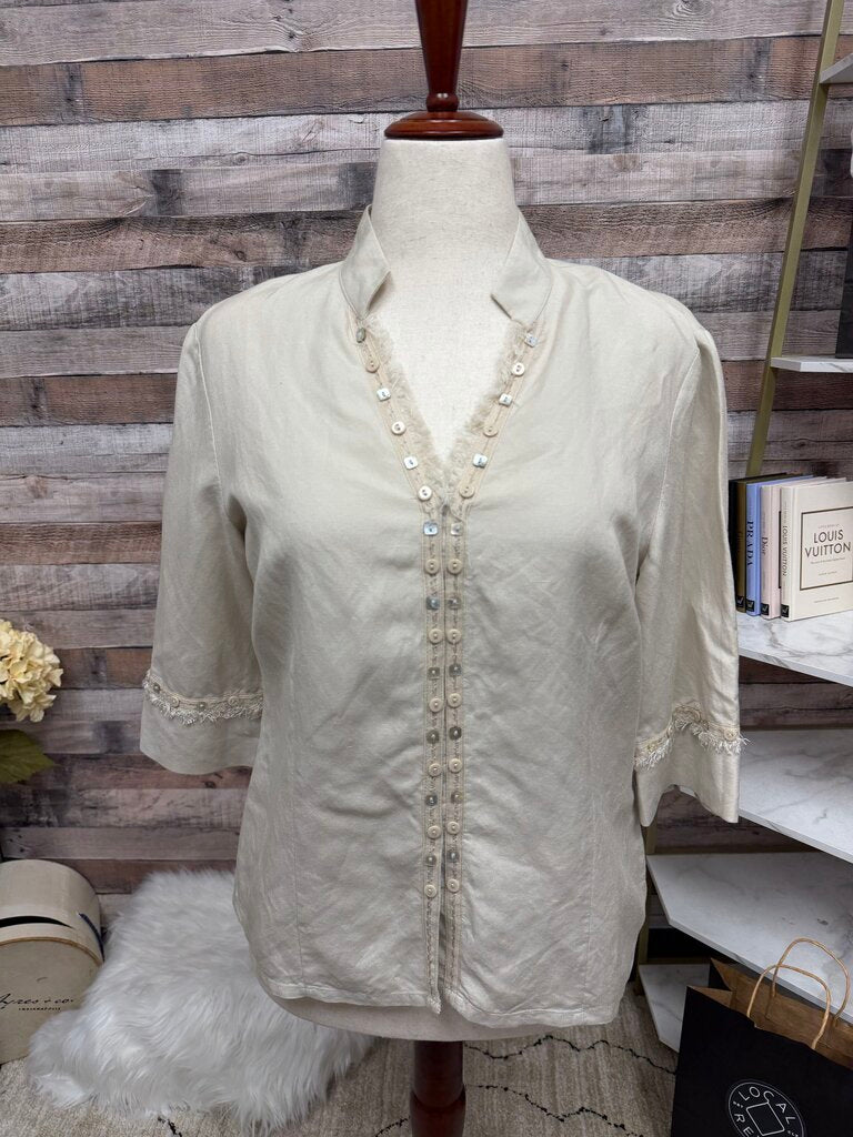 Tribal Cream/Tan V-neck 3/4 sleeve /w Button & Fringe Design