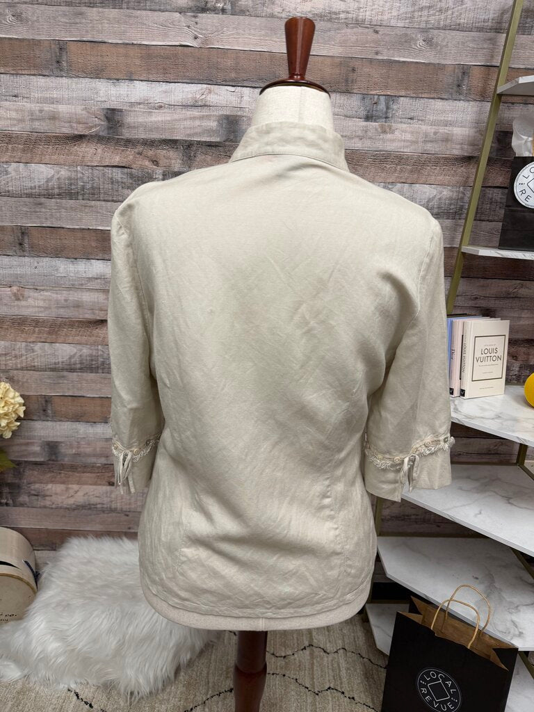 Tribal Cream/Tan V-neck 3/4 sleeve /w Button & Fringe Design