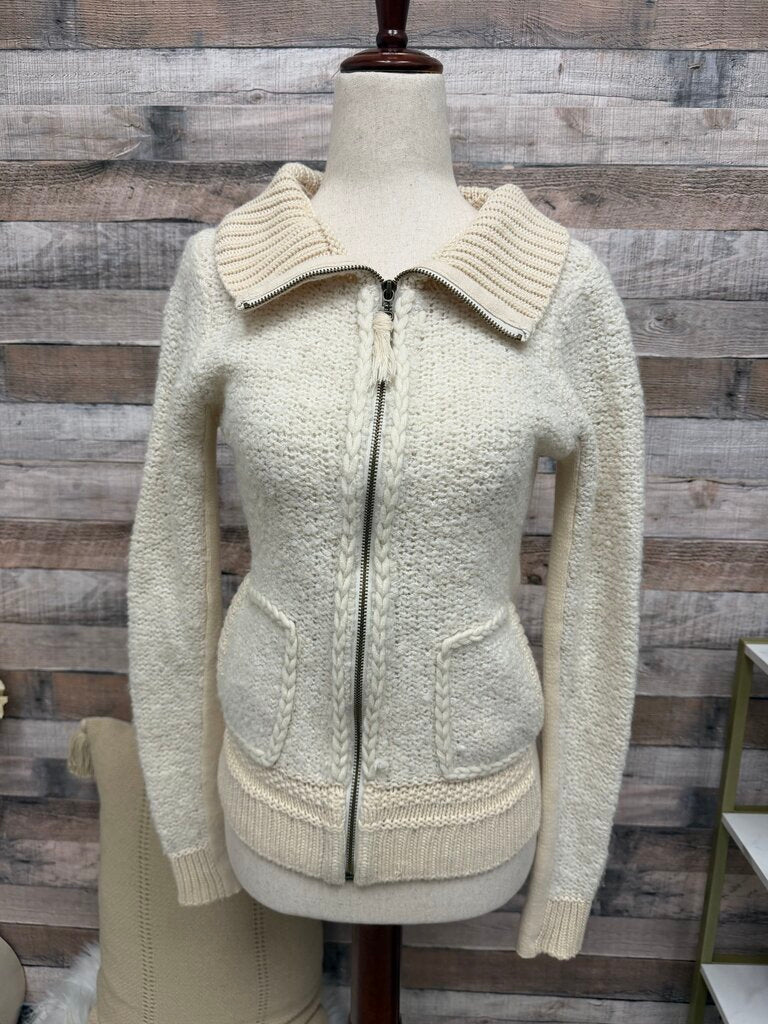 Sleeping On Snow Cream Zip Up Chunky Cable Knit Sweater W/ Collar