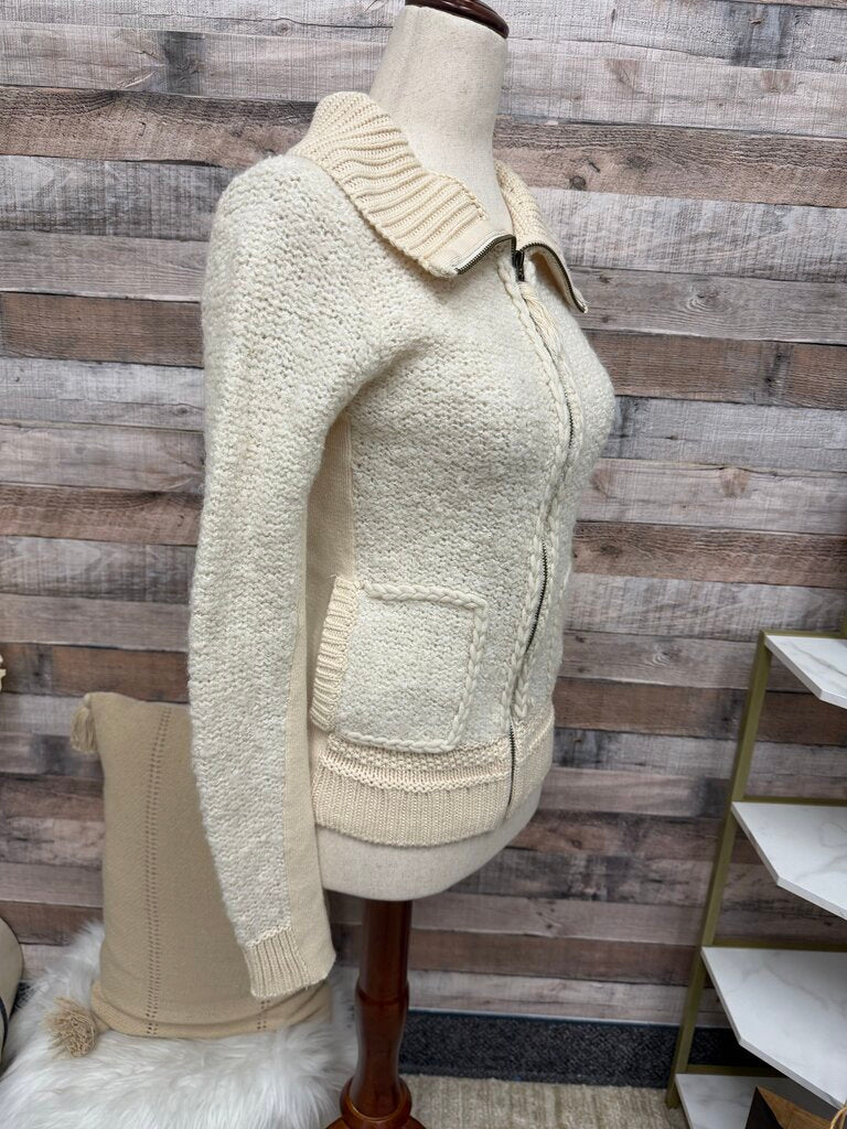 Sleeping On Snow Cream Zip Up Chunky Cable Knit Sweater W/ Collar