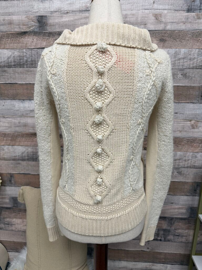 Sleeping On Snow Cream Zip Up Chunky Cable Knit Sweater W/ Collar