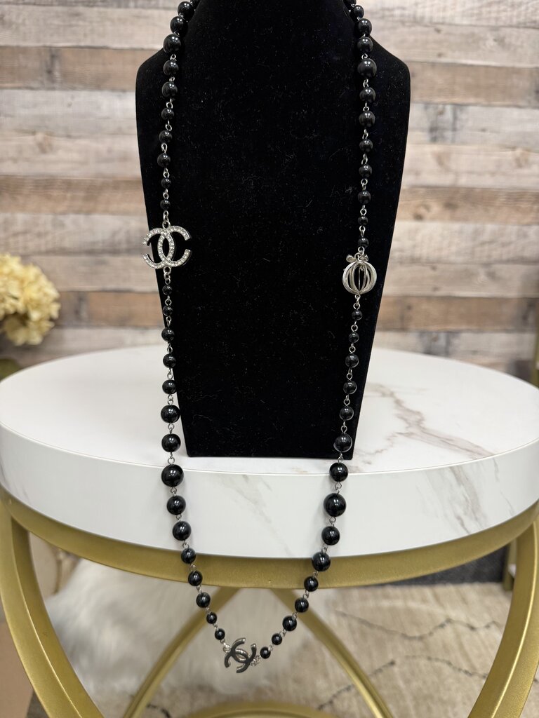 Chanel Logo Black Bead Necklace with Silver Accents