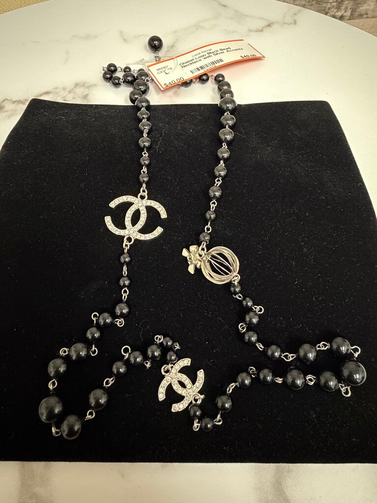 Chanel Logo Black Bead Necklace with Silver Accents