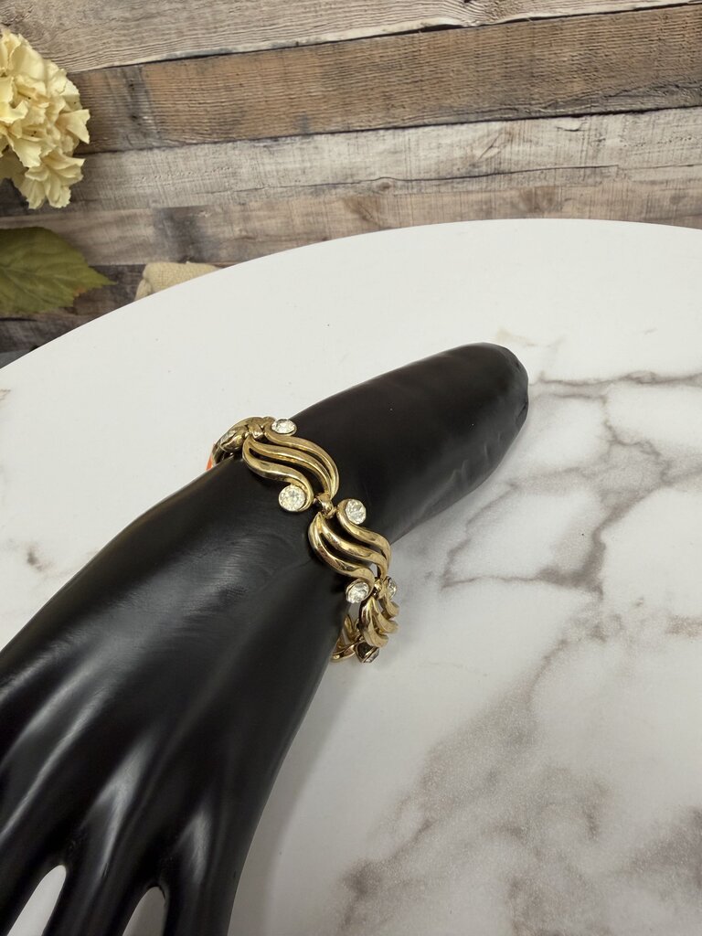 Vintage Gold Tone 3 Wave Bracelet with Rhinestones