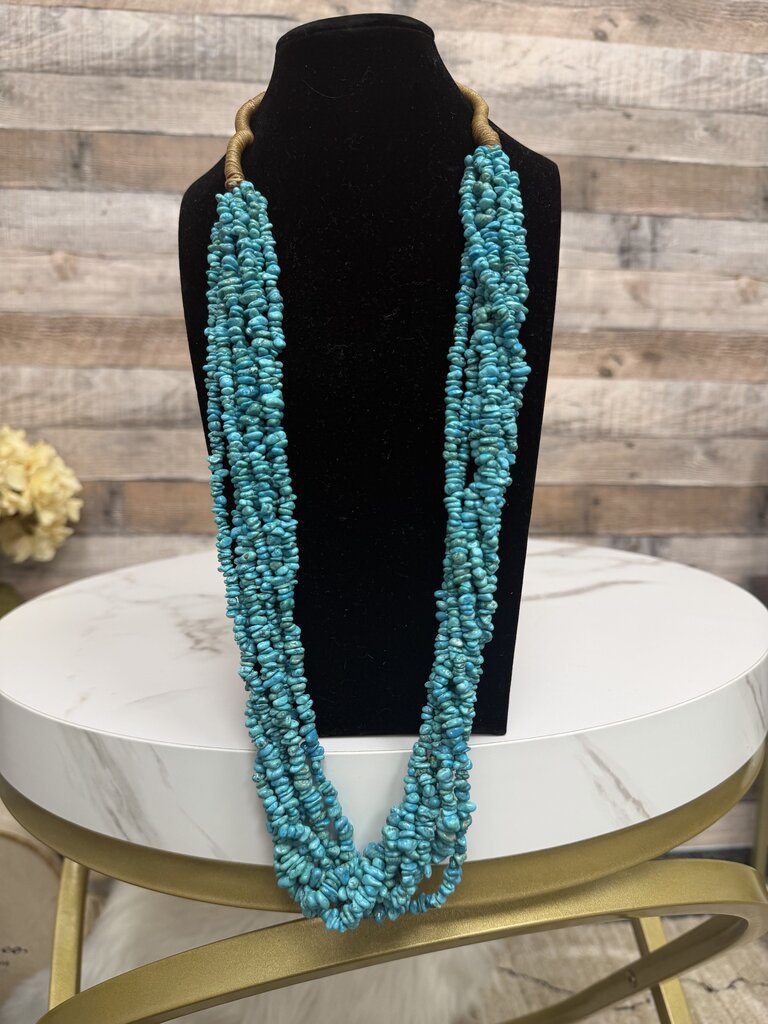 Turquoise Multi Strand Beaded Necklace With Brown Rope