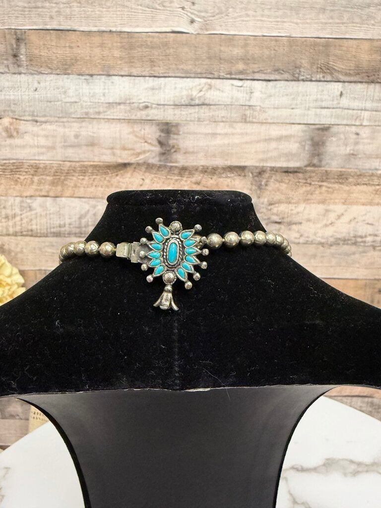 Turquoise and Plated Silver Squash Blossom Native American Style Necklace