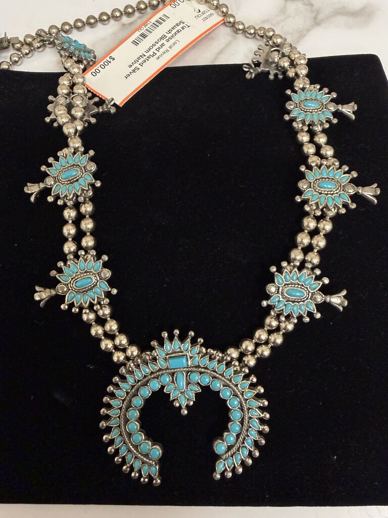 Turquoise and Plated Silver Squash Blossom Native American Style Necklace