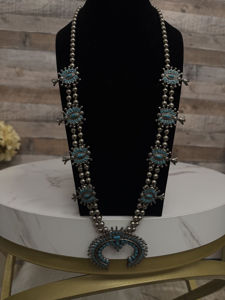 Turquoise and Plated Silver Squash Blossom Native American Style Necklace