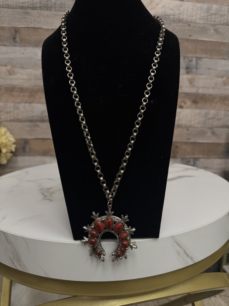 Metal Necklace W/ Coral Colored Stones Squash Blossom Pendant Native American Style no label Red OS women ACCESSORIES