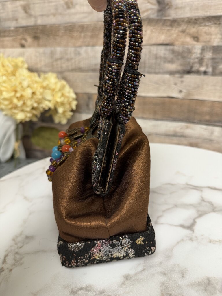 Copper Beaded Fabric Evening Bag W/ Decorative Handle