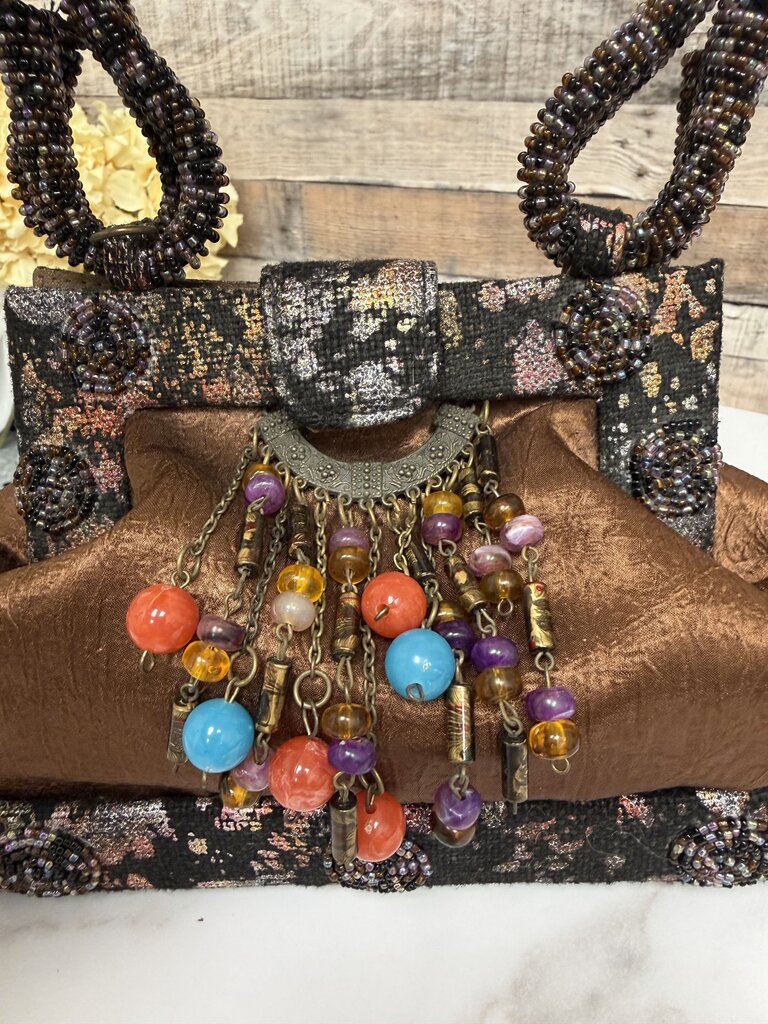 Copper Beaded Fabric Evening Bag W/ Decorative Handle