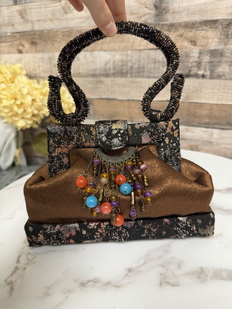 Copper Beaded Fabric Evening Bag W/ Decorative Handle