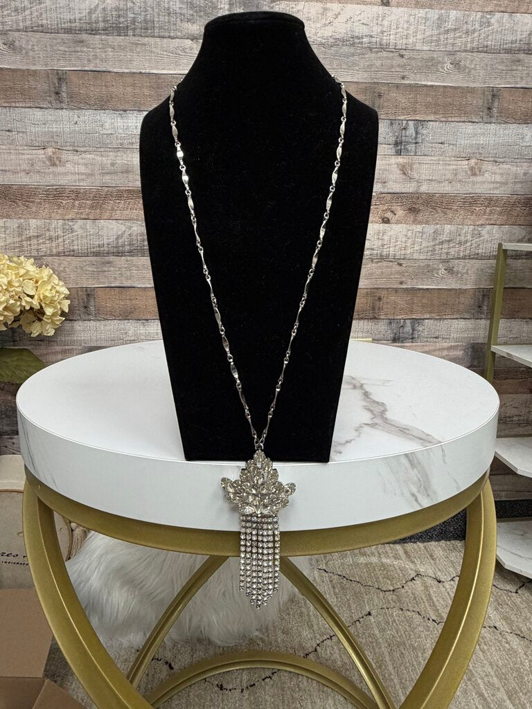 Rhinestone Statement Necklace W/ Fan Shaped Pendant no label Rhinestone OS women ACCESSORIES
