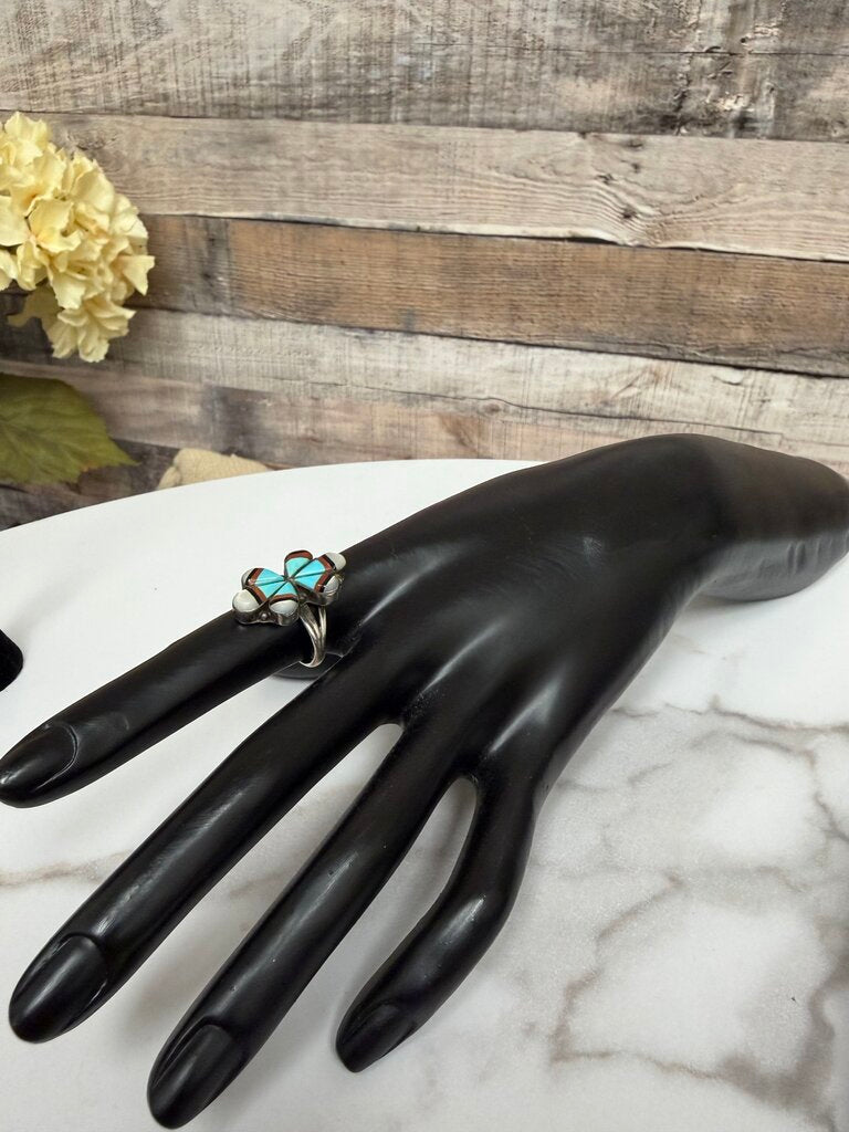 Sterling Silver with Turquoise and Mother of Pearl Geometric Design Ring