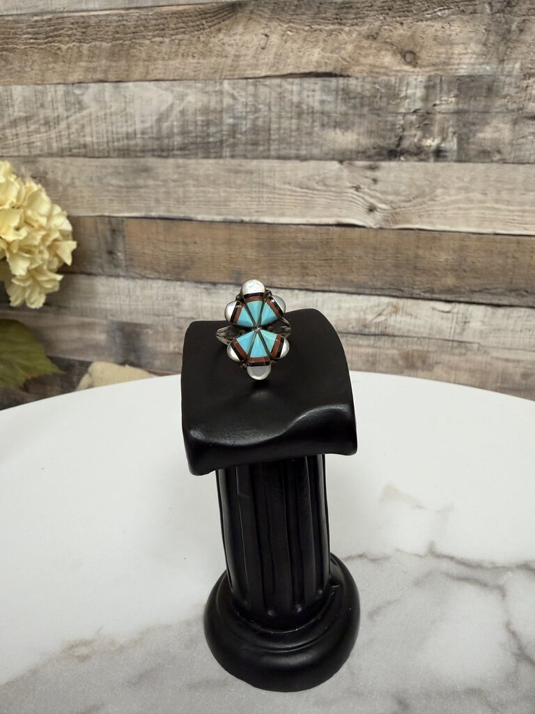 Sterling Silver with Turquoise and Mother of Pearl Geometric Design Ring no label SIlver 6 women ACCESSORIES