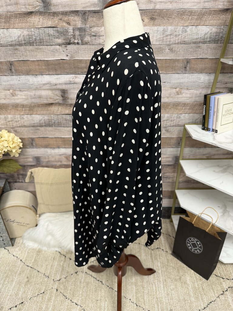 Zara Black W/ Polka Dots 3/4 Length Sleeve Button Down Top