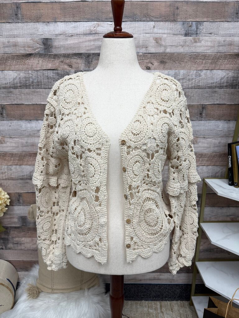 No Label Cream Crochet Button Up Cardigan