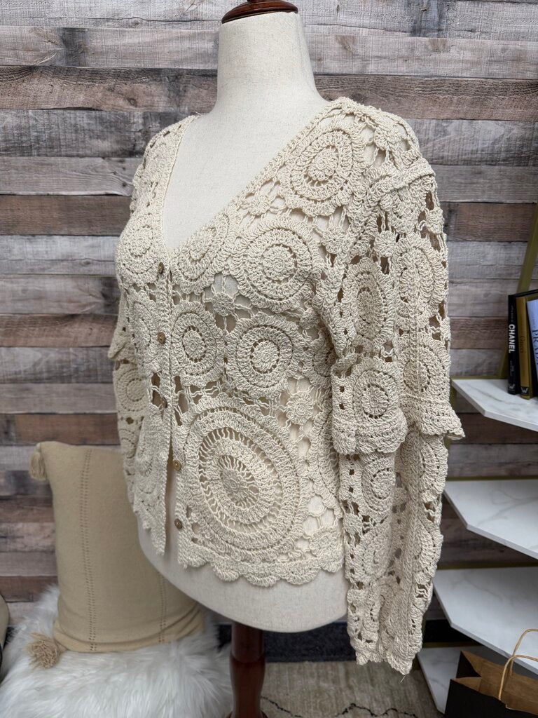 No Label Cream Crochet Button Up Cardigan