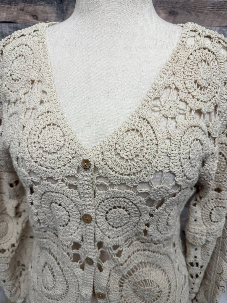 No Label Cream Crochet Button Up Cardigan