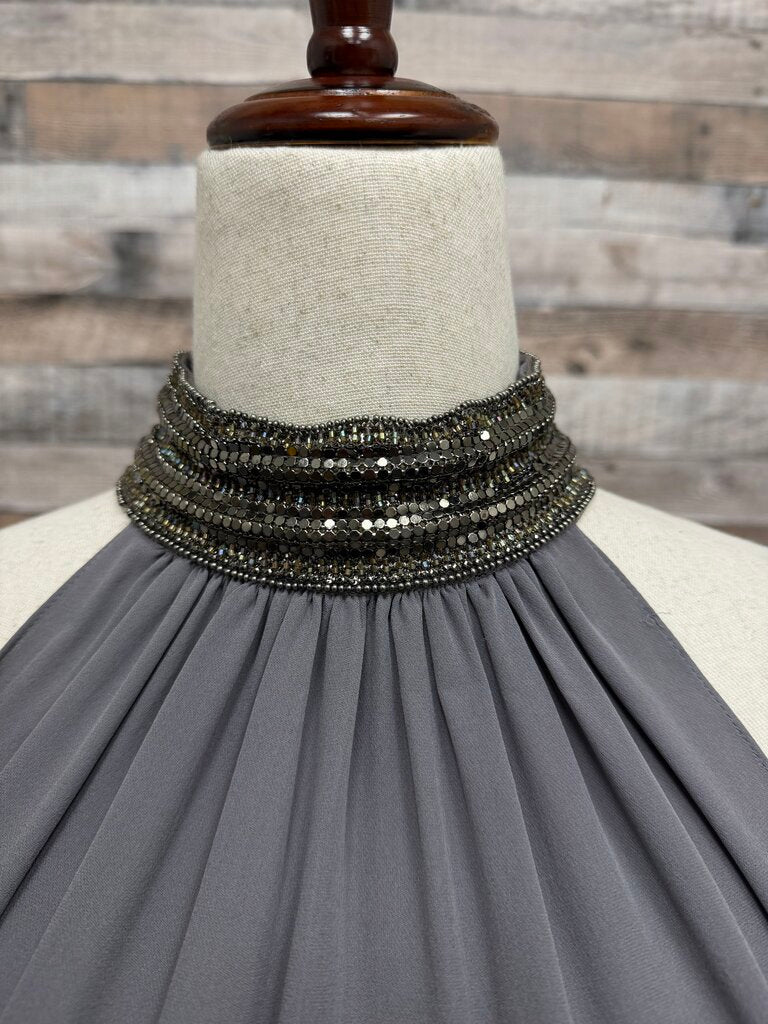 Ramy Brook Gray W/ Embellished Collar Sleeveless Silk Top