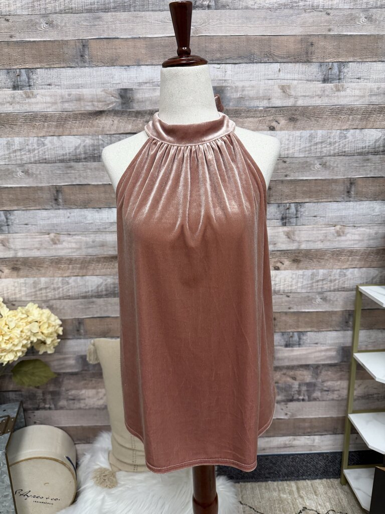 Gibson Pink Velvet Halter Top W/ Back Tie Detail