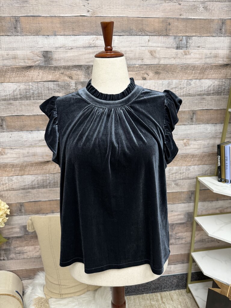 Allison Joy Gray Velvet Ruffle Sleeve Top