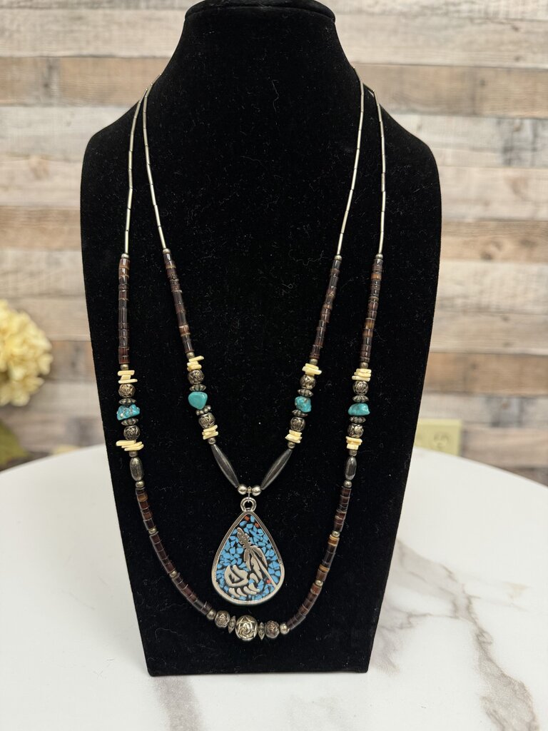 Double Strand Beaded Necklace w/ Turquoise and Bone Beads & Teardrop Pendant no label Multi OS women NECKLACE - JEWELRY